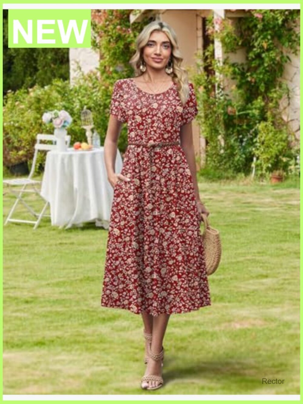 Casual Midi Dress Pleated Flare Sundress Short Sleeve A-Line Swing Dress - Picture 5 of 7